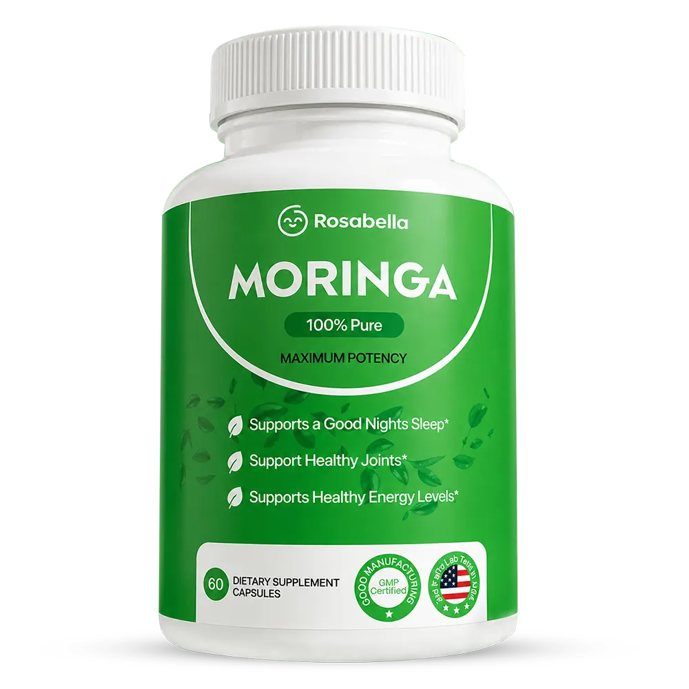 Rosabella Moringa Capsules bottle, organic moringa leaf powder