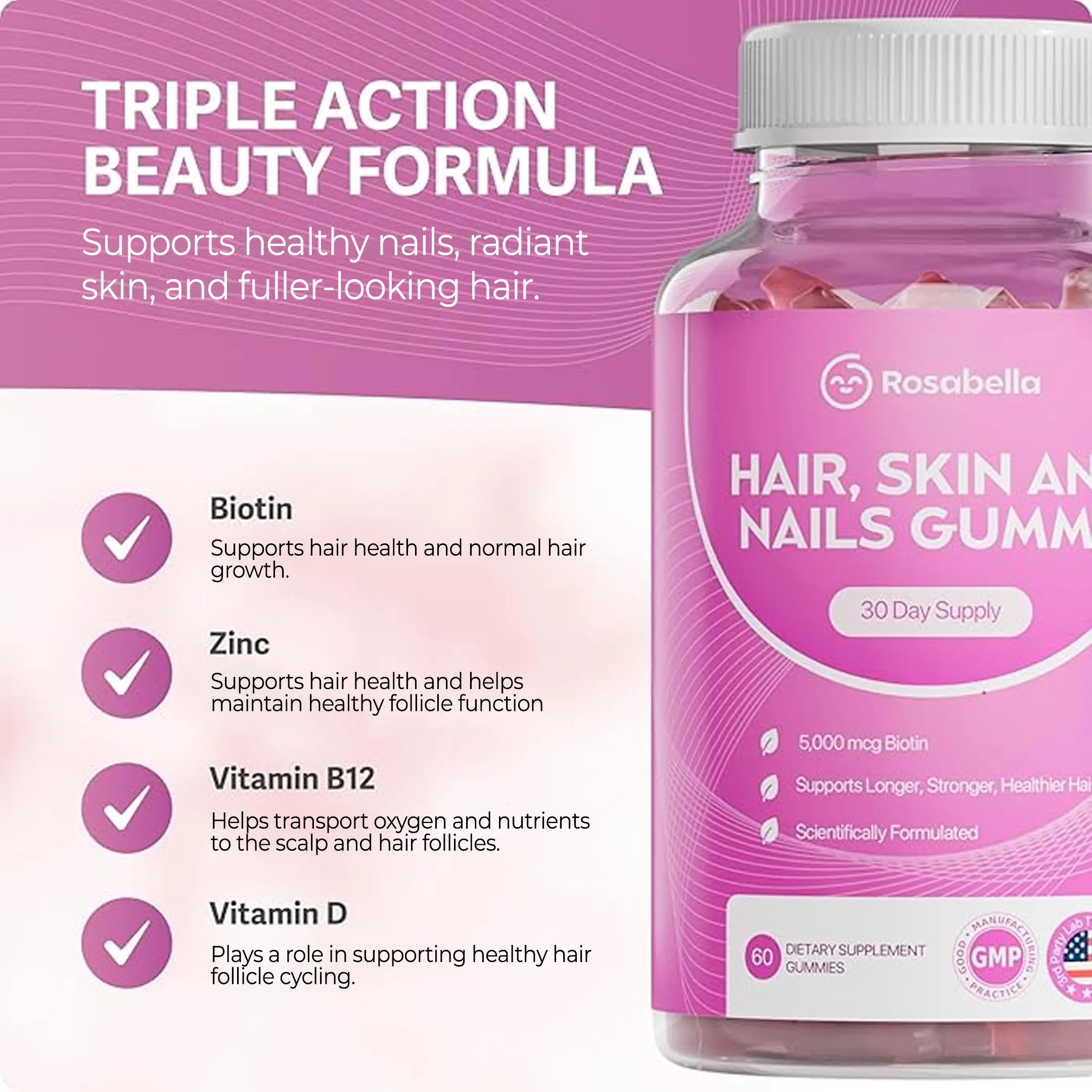 Rosabella Biotin Gummies (5000mcg) for Hair, Skin & Nails Growth