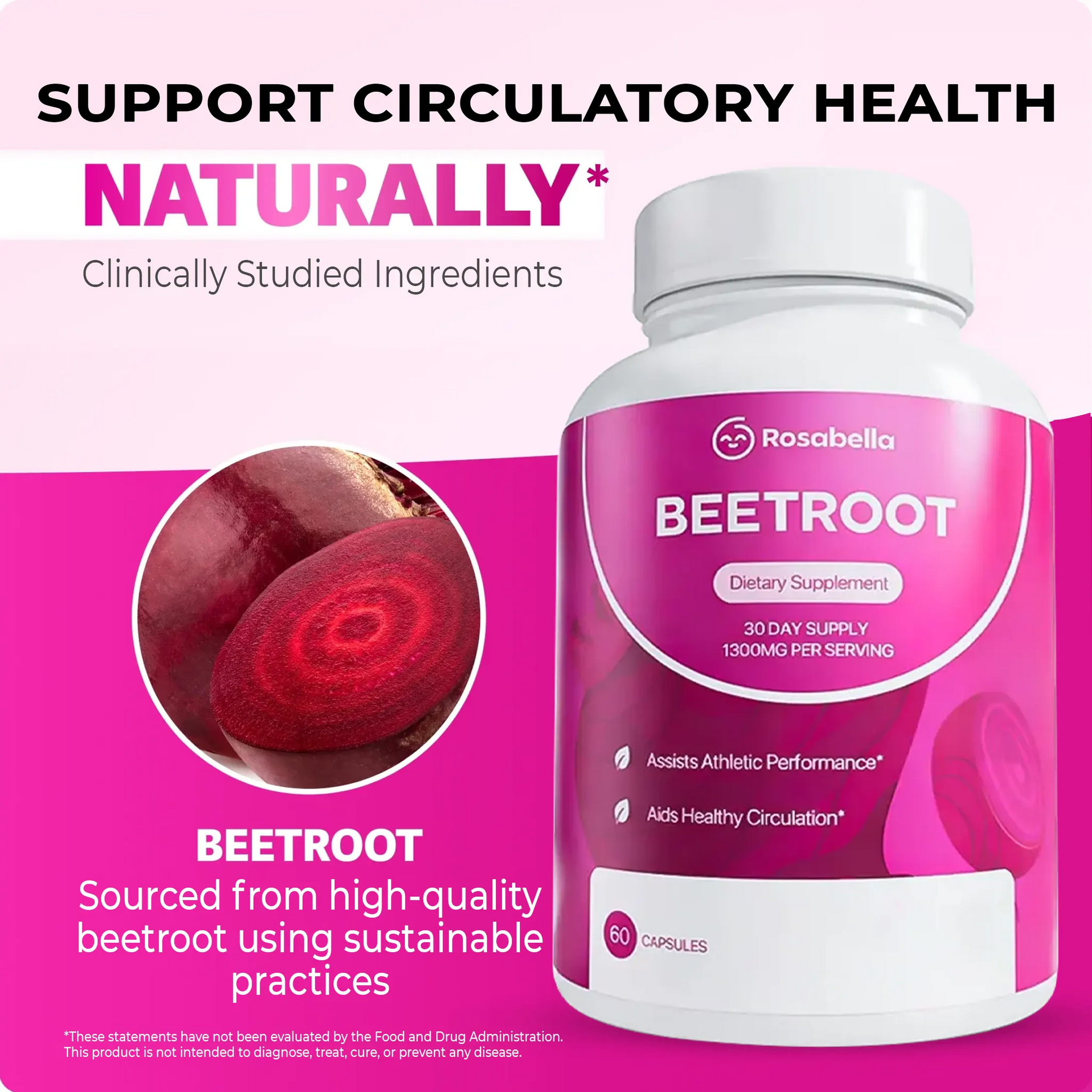 Rosabella Organic Beetroot Capsules (1300mg) for Blood Flow & Heart Health Bogo