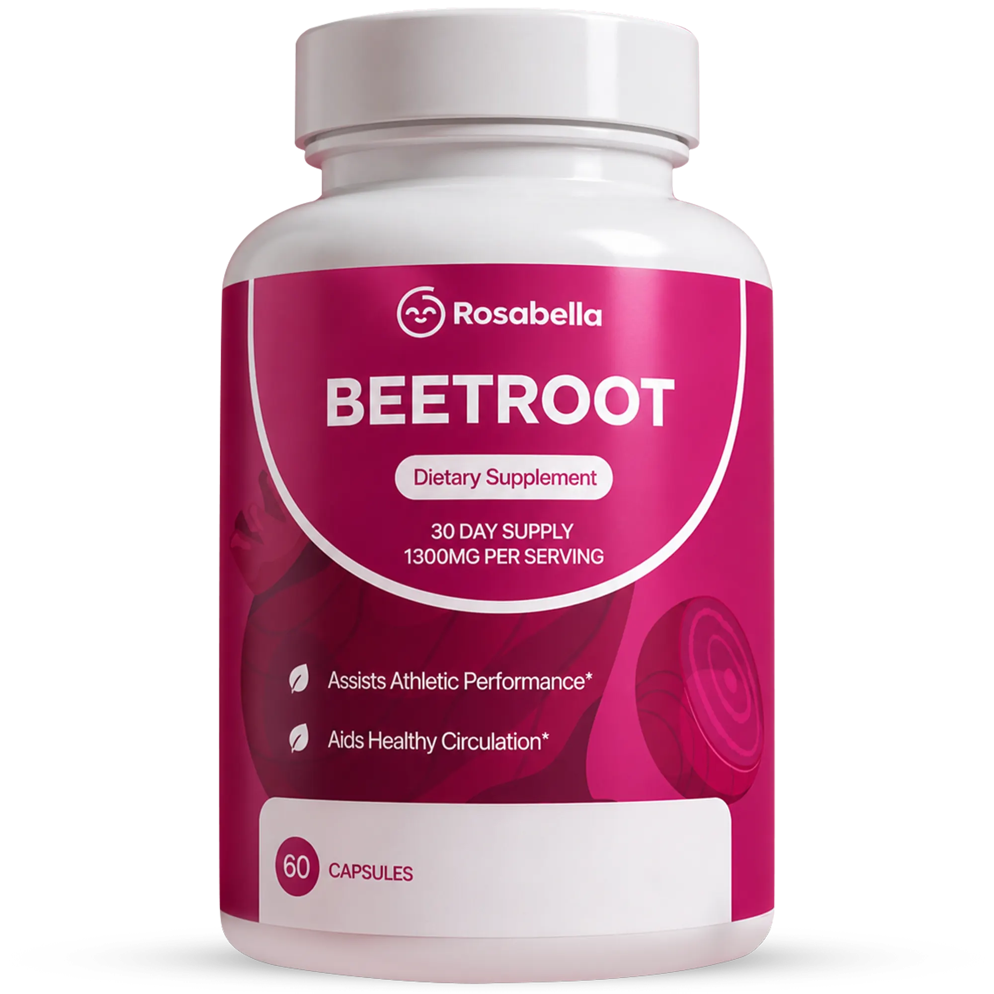 Rosabella Organic Beetroot Capsules bottle, 1,300 mg per serving
