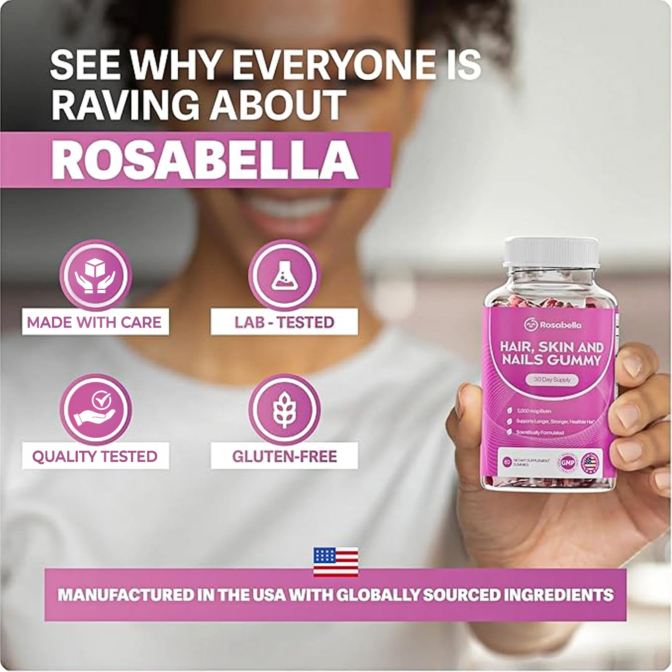 Rosabella Biotin Gummies (5000mcg) for Hair, Skin & Nails Growth