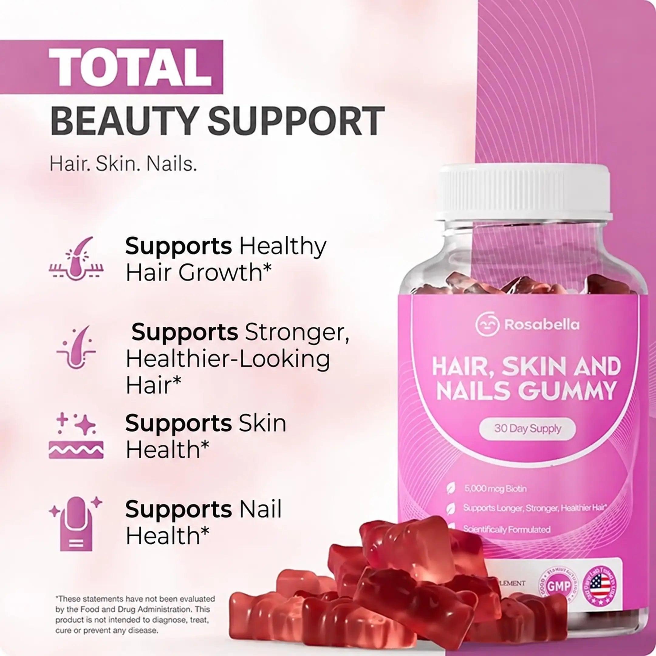 Rosabella Biotin Gummies (5000mcg) for Hair, Skin & Nails Growth