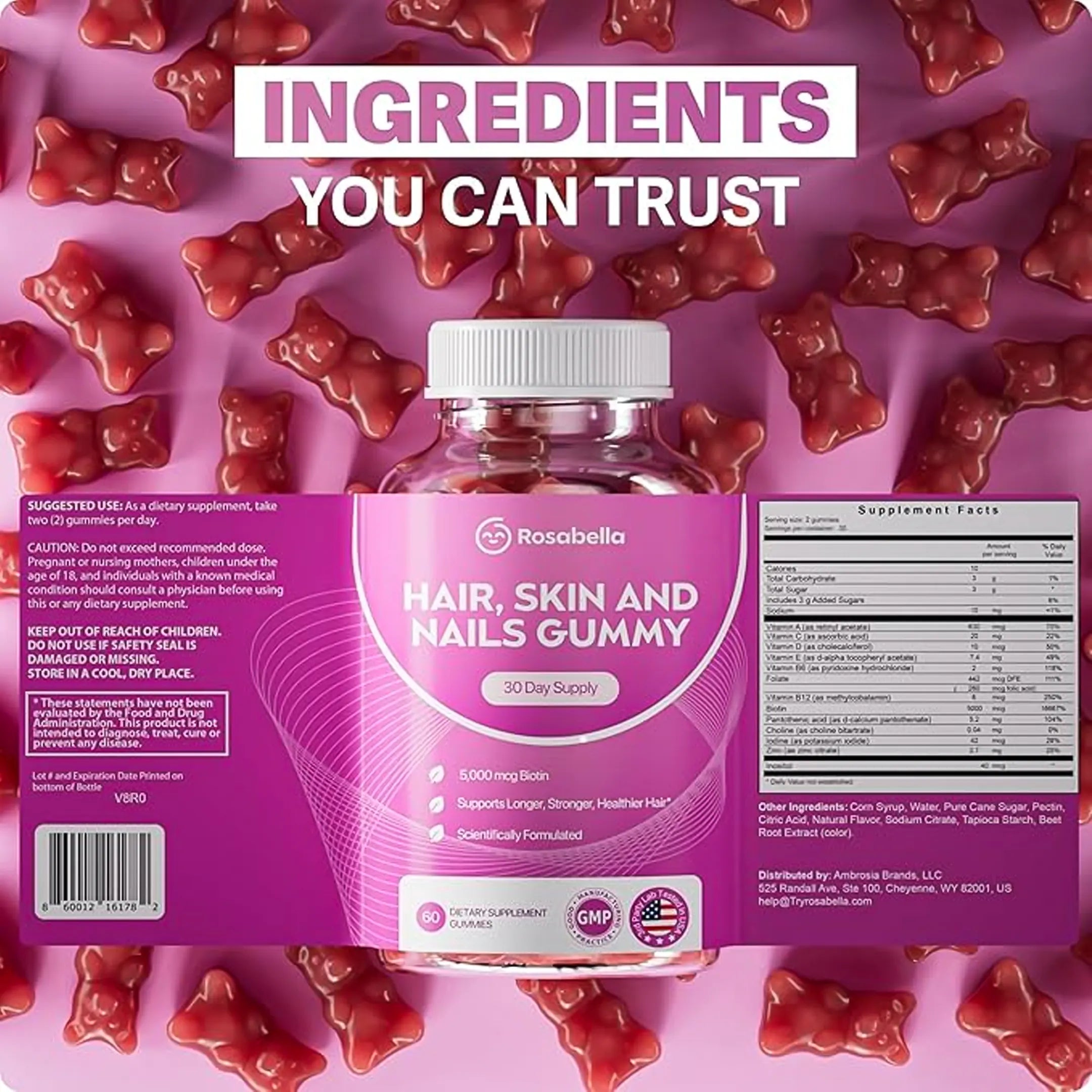 Rosabella Biotin Gummies (5000mcg) for Hair, Skin & Nails Growth